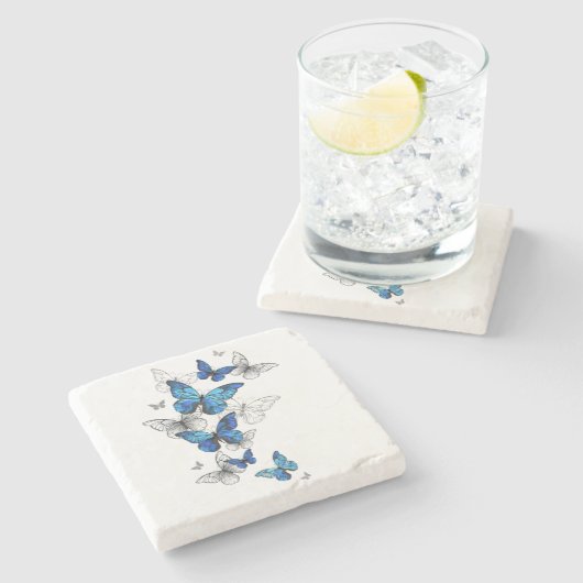 Blue Flying Butterflies Morpho Steinuntersetzer (Seitenansicht)