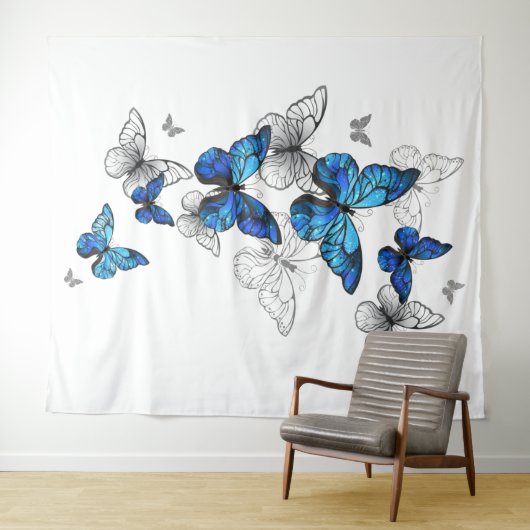 Blue Flying Butterflies Morpho Wandteppich (Beispiel (Horizontal))
