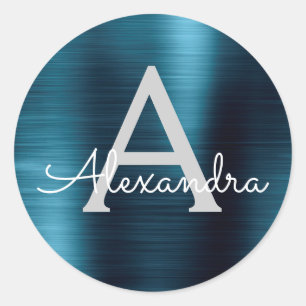 Blue Foil Girly Metallic Mit Monogramm Wedding Runder Aufkleber