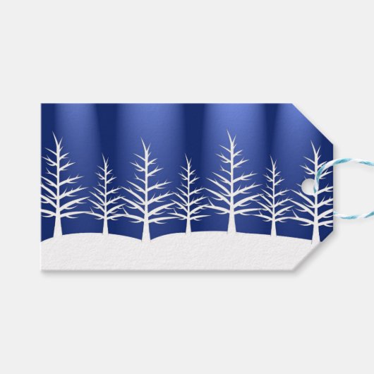 Blue Foil Look mit weißen Weihnachtsbäumen Geschenkanhänger (Vorderseite (Horizontal))