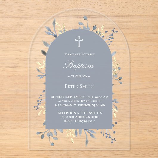 blue foliage Baptism Acrylic Invitation Acryleinladungen (Vorderseite)