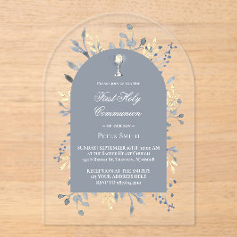 blue foliage First Holy Communion Acryleinladungen