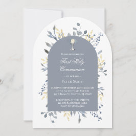 blue foliage First Holy Communion Einladung