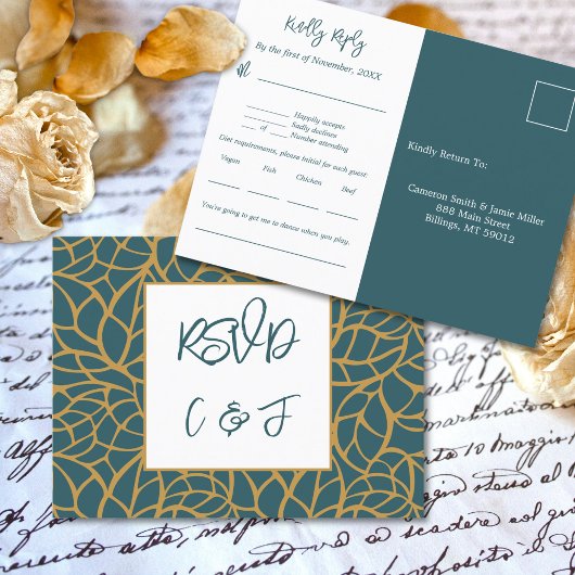 Blue Foliage Muster Wedding Menu Music RSVP Card Postkarte