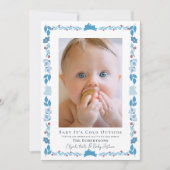 Blue Folk Art Baby Es ist kalt Outside Foto Urlaub Einladung (Vorderseite)