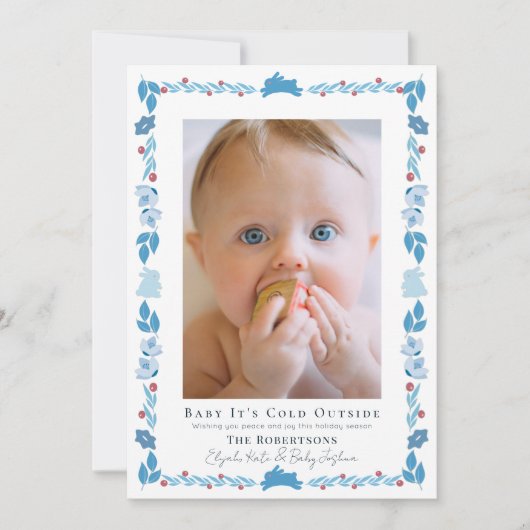 Blue Folk Art Baby Es ist kalt Outside Foto Urlaub Einladung (Vorderseite)