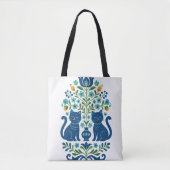 Blue Folk Art Cats – Whimsical Floral Cat Design i Tasche (Vorderseite)