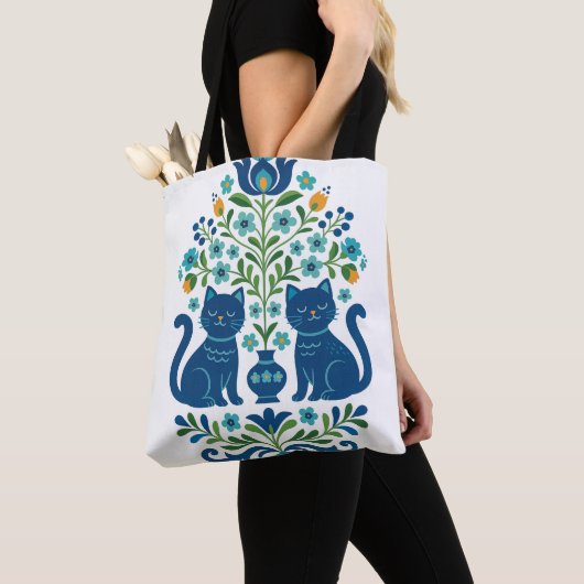Blue Folk Art Cats – Whimsical Floral Cat Design i Tasche (Von Nahem)