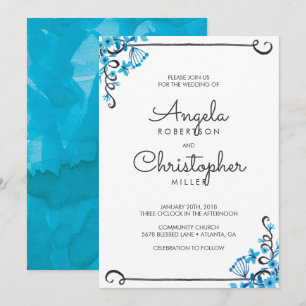 Blue Folk Art Floral Watercolor Hochzeit Einladung