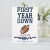Blue Football First Year Down Boy 1st Birthday  Einladung (Stehend Vorderseite)