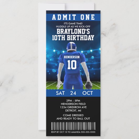 Blue Football Ticket Einladung zum Geburtstag (Vorderseite)