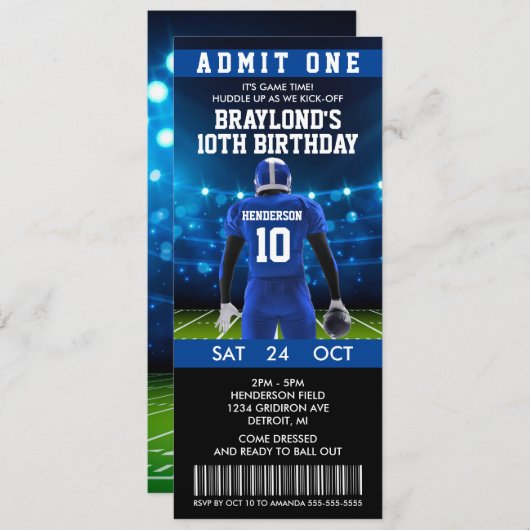 Blue Football Ticket Einladung zum Geburtstag (Vorne/Hinten)