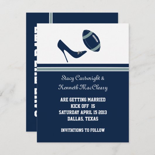 Blue Football Wedding Save the Date Ankündigung (Vorne/Hinten)