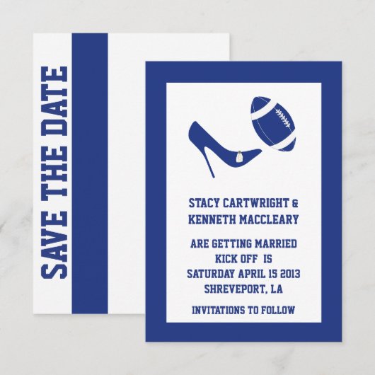 Blue Football Wedding Save the Date Ankündigung (Vorne/Hinten)