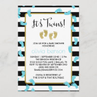 Blue Footprints Black & Gold Twins Baby Dusche