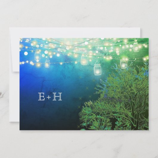 Blue Forest Mason Jar Fairy Lights Hochzeit Einladung (Rückseite)