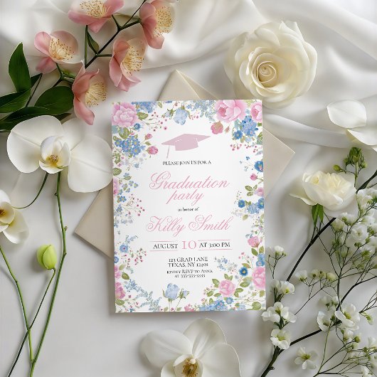 Blue Forget Me Not Graduation Party Invite Einladung