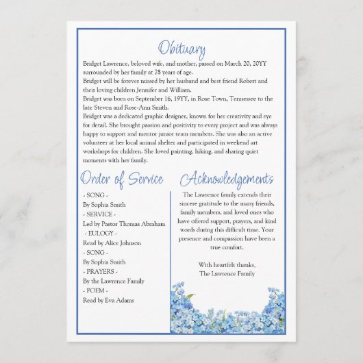 Blue Forget-me-not Pretty Memorial Service Funeral Programm (Rückseite)