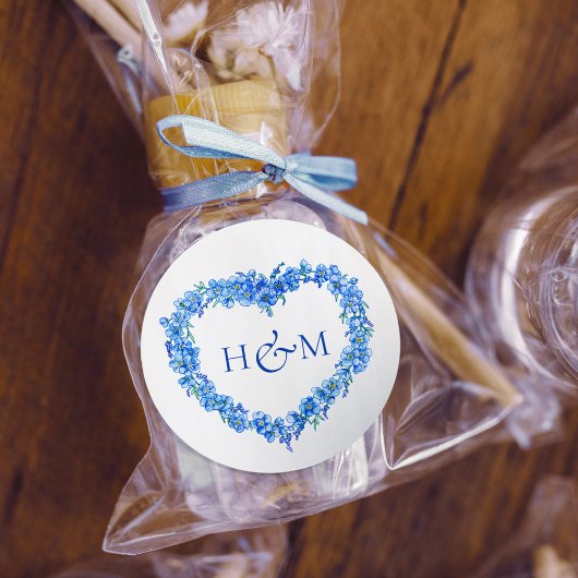 Blue forget me nots inked art wedding monogram runder aufkleber
