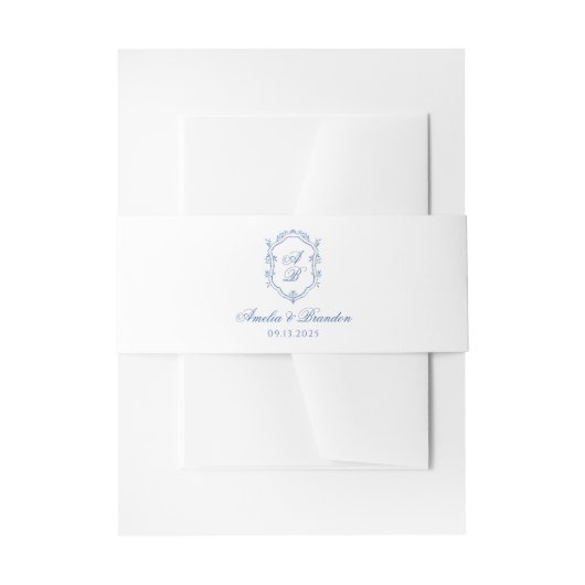 Blue Formal Monogram Wappen & Script Wedding Einladungsbanderole (Vorderseite Beispiel)