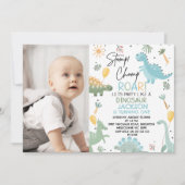 Blue Foto Balloons Dinosaur Thema 1. Geburtstag Einladung (Vorderseite)