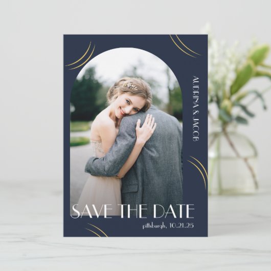Blue Foto Big Typografy Wedding Save The Date (Stehend Vorderseite)