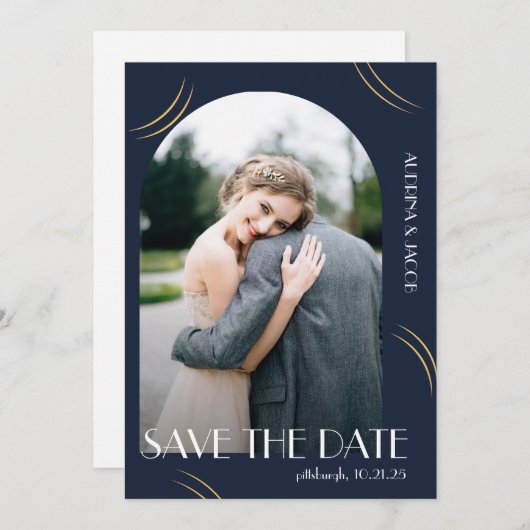 Blue Foto Big Typografy Wedding Save The Date (Vorne/Hinten)