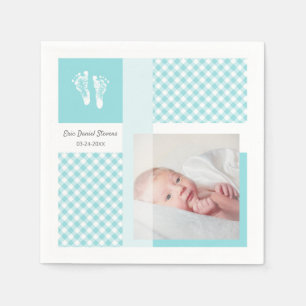 Blue Foto Birth Announcement Gingham Footprints Serviette