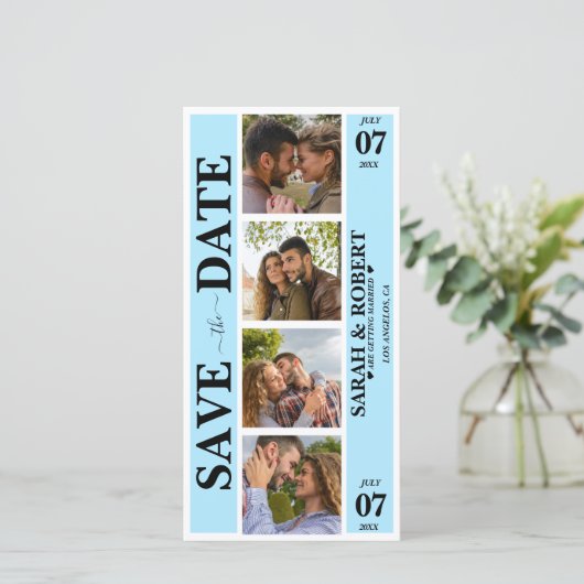 Blue Foto Booth Collage Save The Date (Stehend Vorderseite)