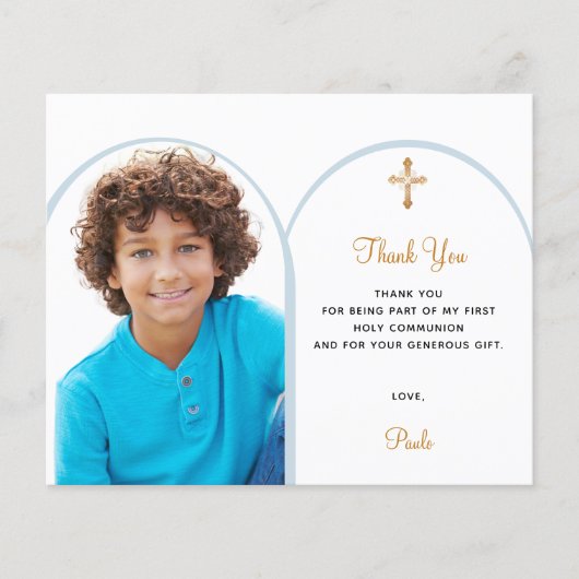 Blue Foto Boy First Communation Danke Karte (Vorderseite)