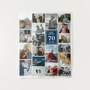 Blue Foto Collage Happy Geburtstag Name & Alter Wandteppich