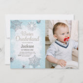 Blue Foto Glitzer Winter Einladungen ONEderland (Vorderseite)