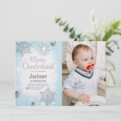 Blue Foto Glitzer Winter Einladungen ONEderland (Stehend Vorderseite)