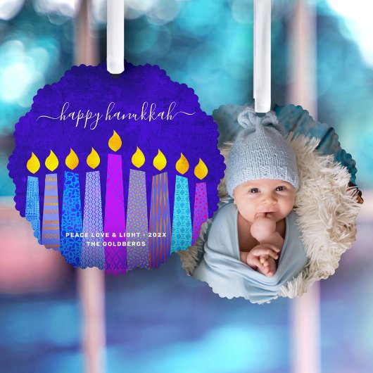 Blue Foto Hanukkah Menorah Candles Modern Boho Ornament Karte