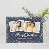 Blue Foto Kariert Gold Newlyweds Frohe Weihnachten (Stehend Vorderseite)