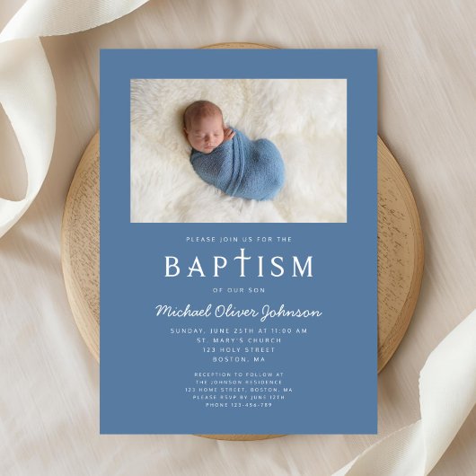 Blue Foto Religious Cross Boy Baptism Einladung