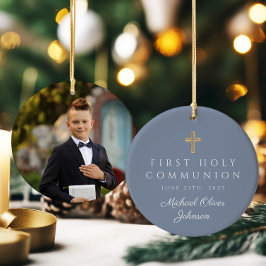 Blue Foto Religious Cross Boy First Communion Keramik Ornament