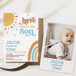 Blue Foto Retro Hier kommt die Sonne 1. Geburtstag Einladung