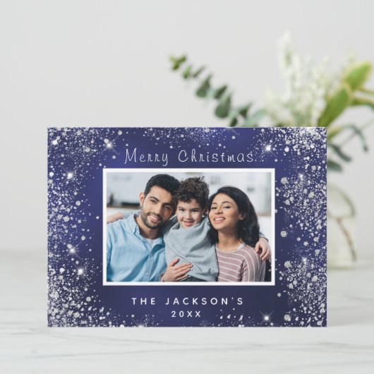 Blue Foto Silber Funkeln Weihnachtskarte (Stehend Vorderseite)