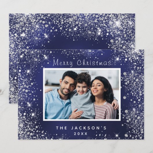 Blue Foto Silber Funkeln Weihnachtskarte (Vorne/Hinten)