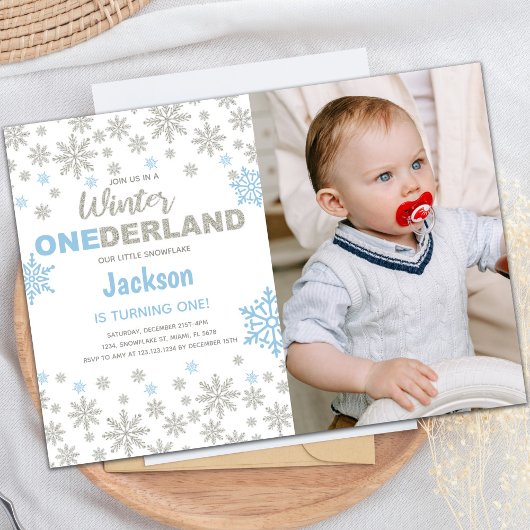 Blue Foto SnowFlake Winter Geburtstag Onederland Einladung