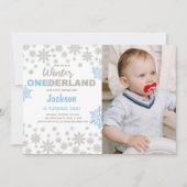 Blue Foto SnowFlake Winter Geburtstag Onederland Einladung (Vorderseite)