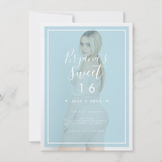 Blue Foto Tint Overlay 2 Modernes Minimal Sweet 16 Einladung (Vorderseite)