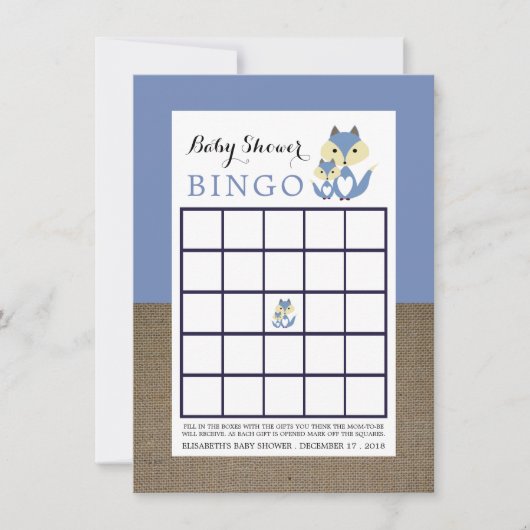 Blue Fox Burlap Baby Shower Bingo Einladung (Vorderseite)
