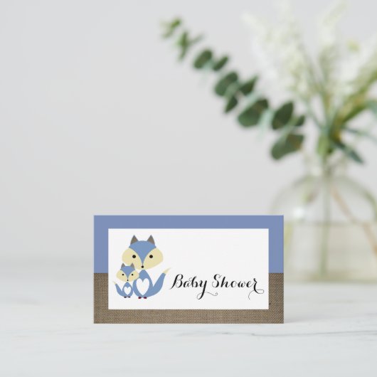 Blue Fox Burlap Baby Shower Ticket Einladung (Stehend Vorderseite)