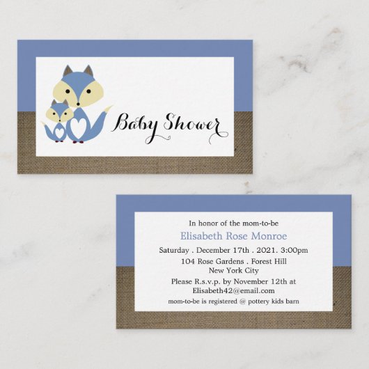 Blue Fox Burlap Baby Shower Ticket Einladung (Vorne/Hinten)
