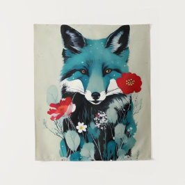 Blue Fox Rot und Weiße Blume Wandteppich