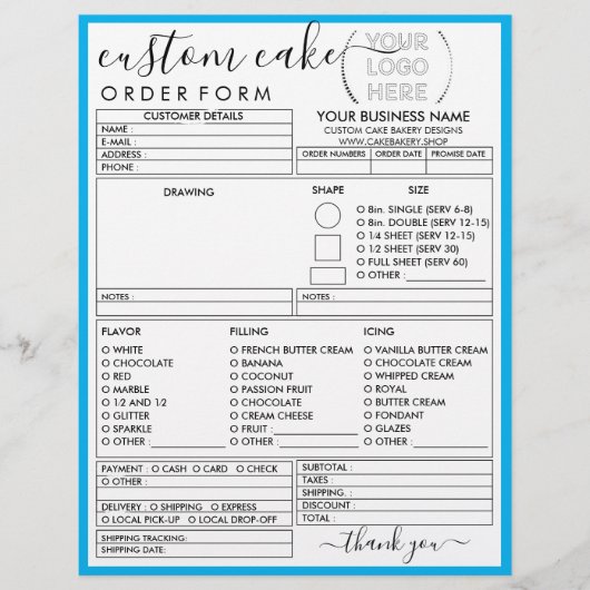 Blue Frame Simple Modern Bakery Cake Order Form Flyer (Vorne)