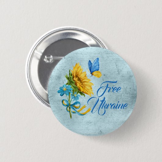Blue Free Ukraine Sunflower & Butterfly Button (Vorne & Hinten)
