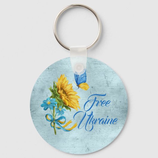 Blue Free Ukraine Sunflower & Butterfly Schlüsselanhänger (Vorderseite)